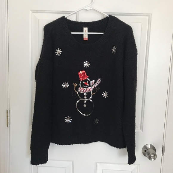 Christmas No Boundaries Fuzzy Sequin Snowman Holiday Sweater Size XL 15-17 Black - Picture 1 of 4